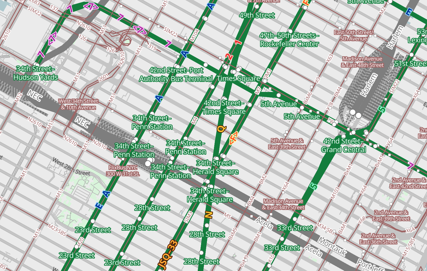 Subway and light_rail route styling example on the Tracestrack transport map