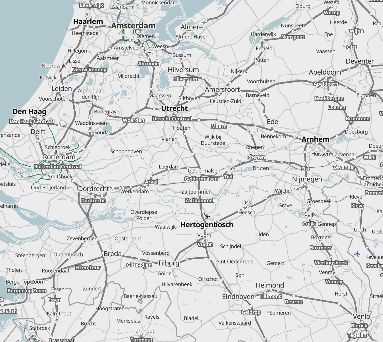 Train route styling example on the Tracestrack transport map