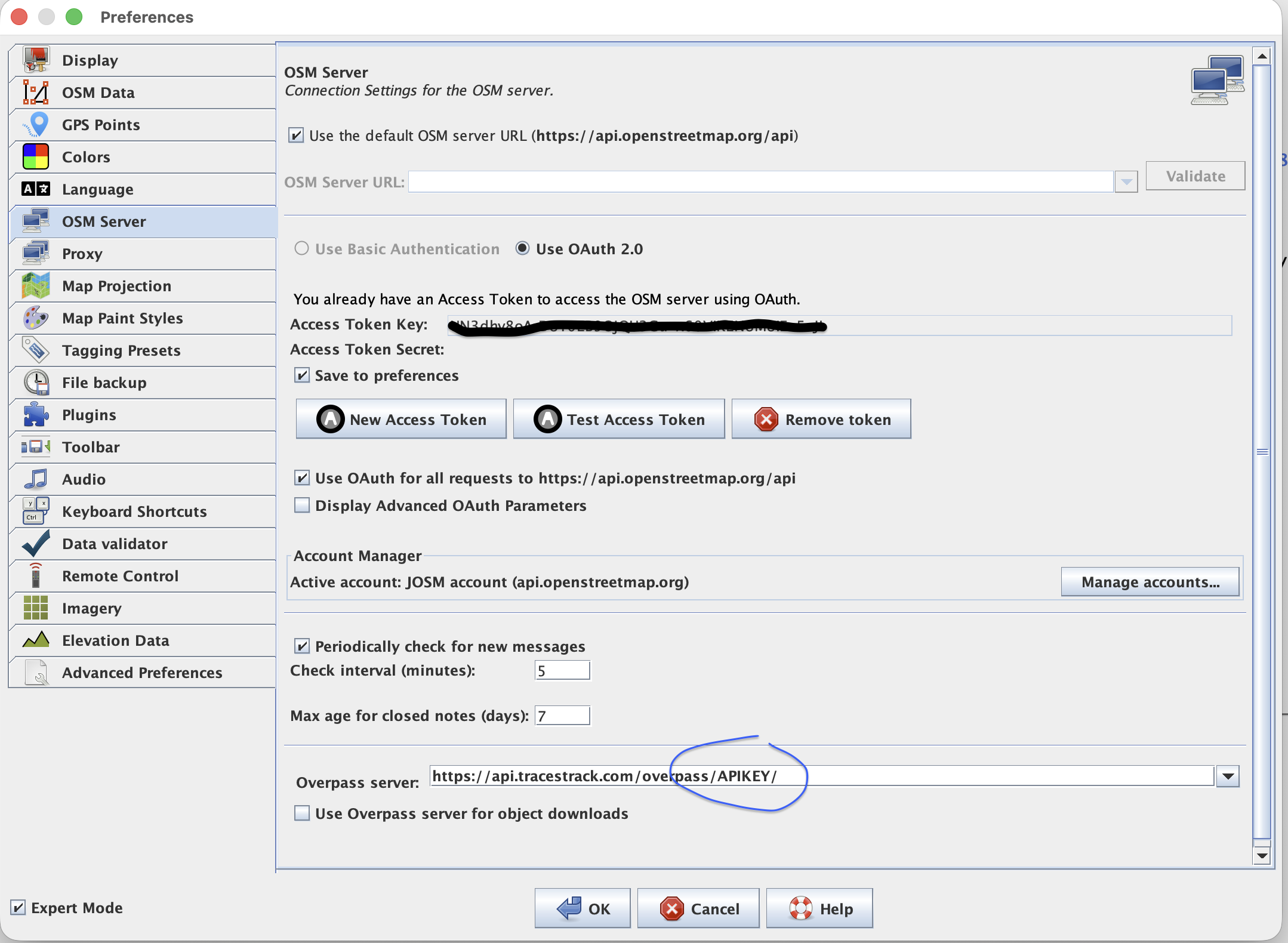 JOSM Preferences OSM Server tab with the Overpass server field set to a Tracestrack API key URL